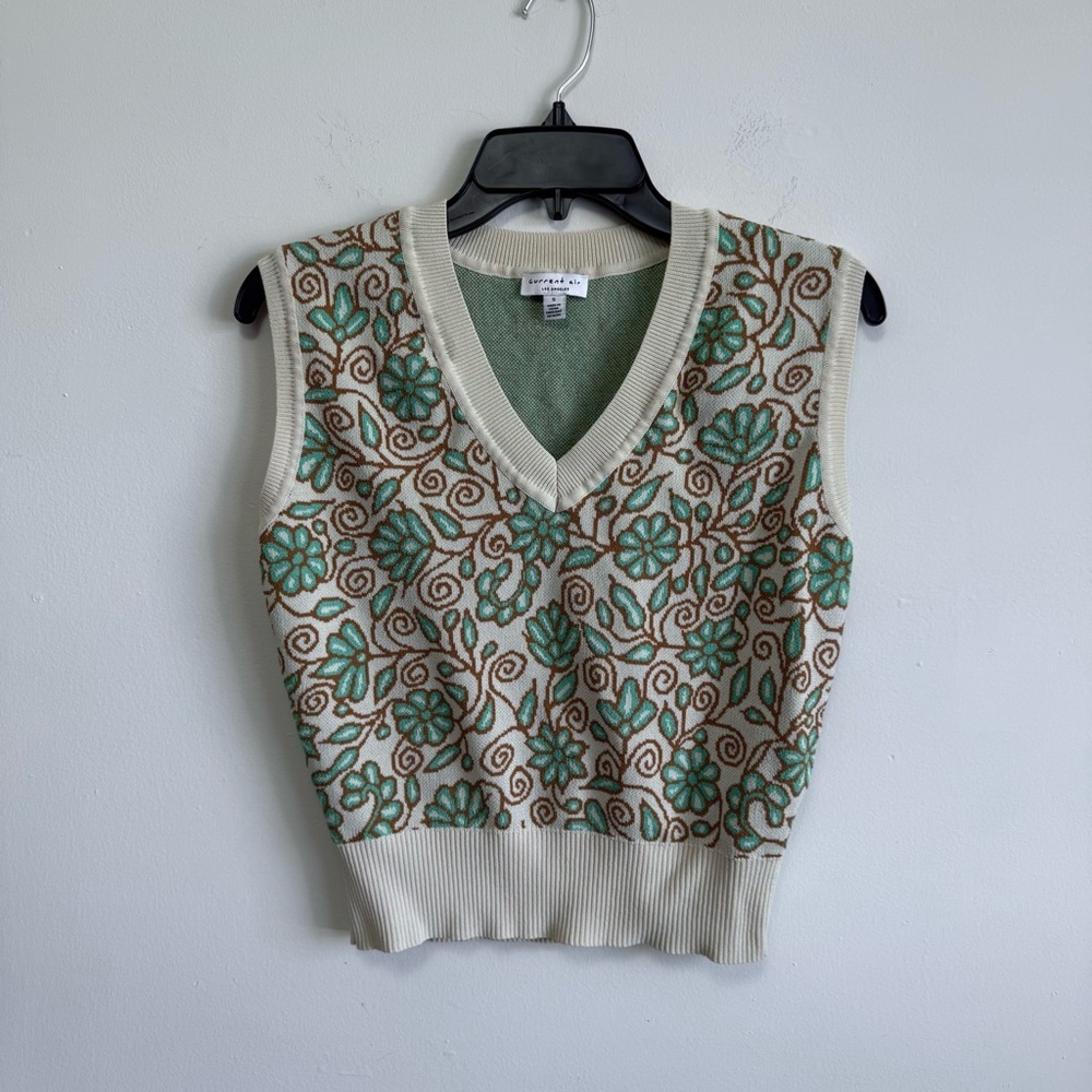 Current Air Retro Cottagecore Floral Knit Vest Grandmacore Boho Sage Gold S - Picture 2 of 6